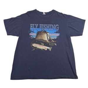 Vintage Fly Fishing 90's Rainbow Trout Graphic T-Shirt XL Navy Blue Anvil